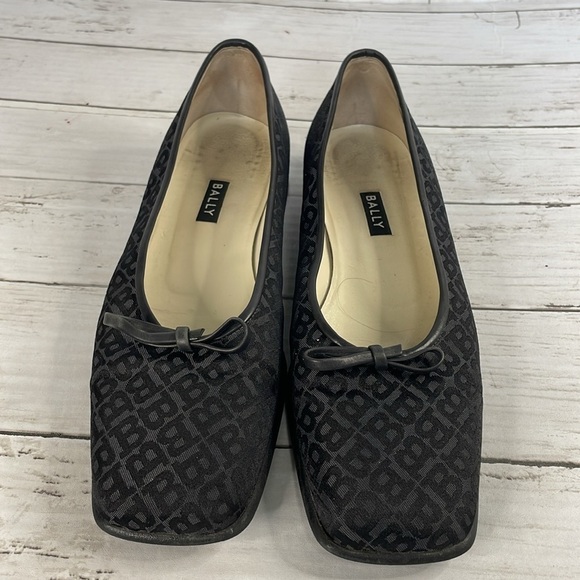 Bally Takawa Black Fabric Logo Pattern Bow Square Toe Flat - Picture 2 of 14